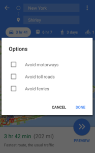 Google Map Routing - Avoid Tolls, ferries, Highways or Motorways