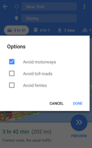 Google Map Routing - Avoid Tolls, ferries, Highways or Motorways