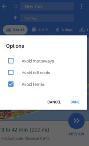 Google Map Routing - Avoid Tolls, ferries, Highways or Motorways