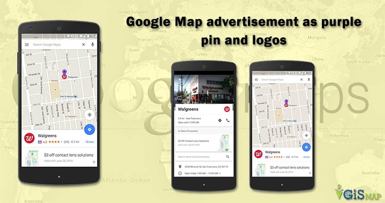 Google Map advertisement as purple pin and logos