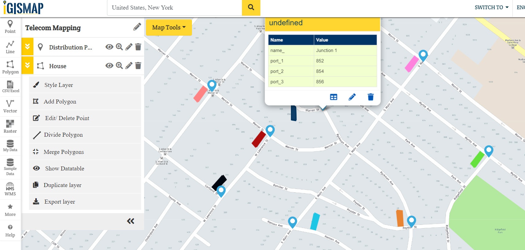 Locate DP Junctions, Ports, Fiber Cables, Connected Houses - GIS Telecom