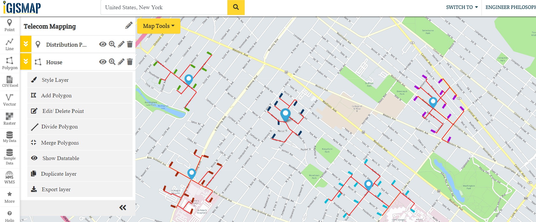 Locate DP Junctions, Ports, Fiber Cables, Connected Houses - GIS Telecom