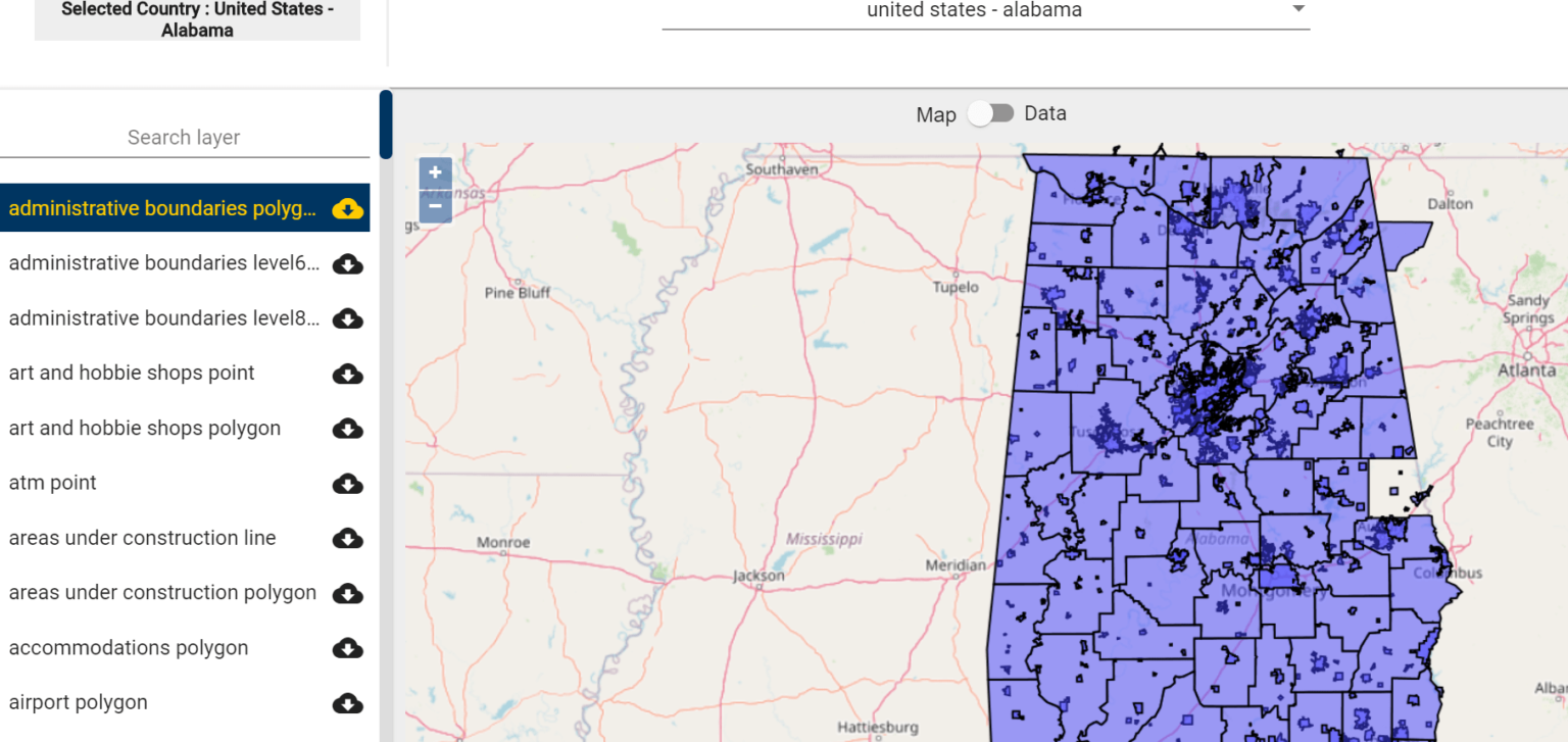 United States Alabama GIS Data Shapefiles, Kml, Csv, GeoJSON