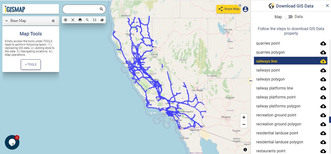 California GIS data shapefile, administrative boundary, county, rail