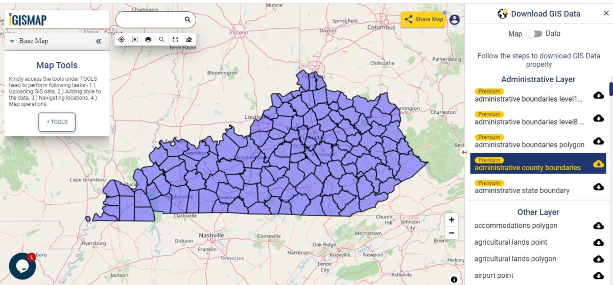 Download Kentucky State GIS Maps Boundary, Counties, Rail, highway