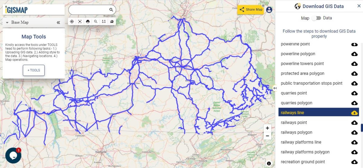 Download Kentucky State GIS Maps Boundary, Counties, Rail, highway