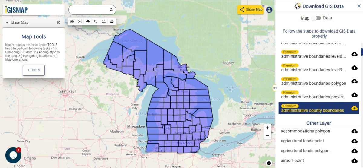 Download Michigan GIS Map boundary, county, rail, highway, shapefile