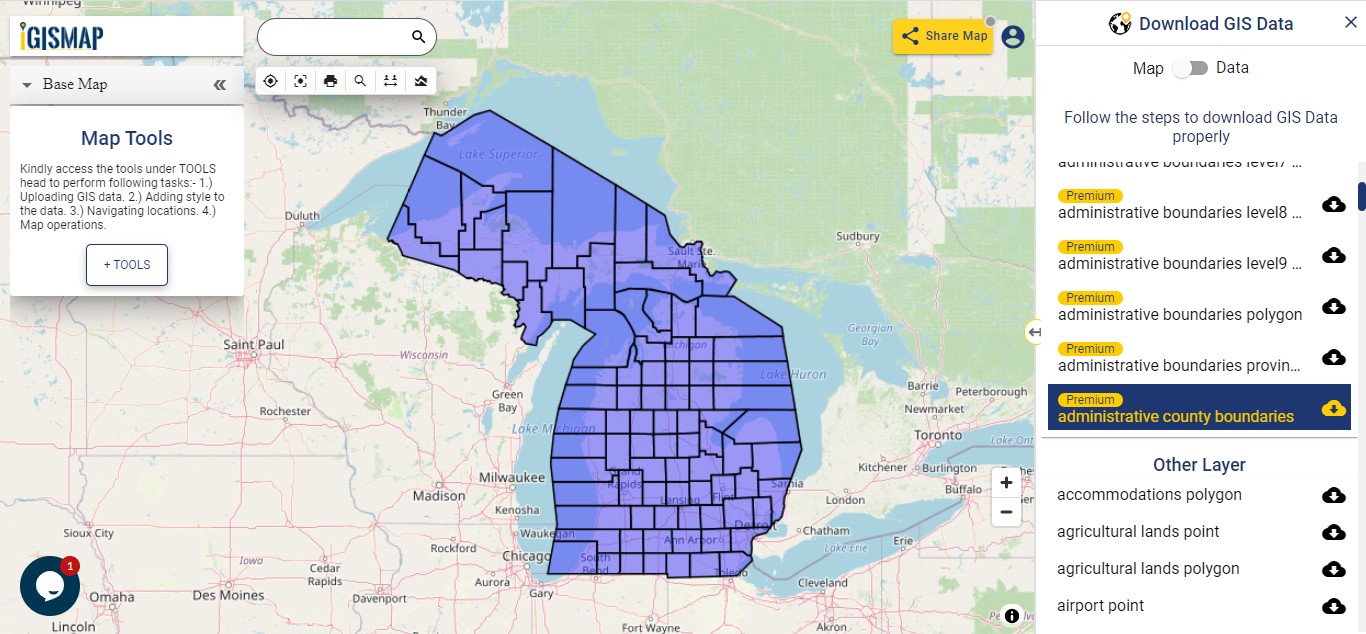 Download Michigan GIS Map boundary, county, rail, highway, shapefile