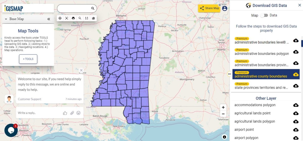 Download Mississippi state GIS maps counties, rail, highway, shapefile