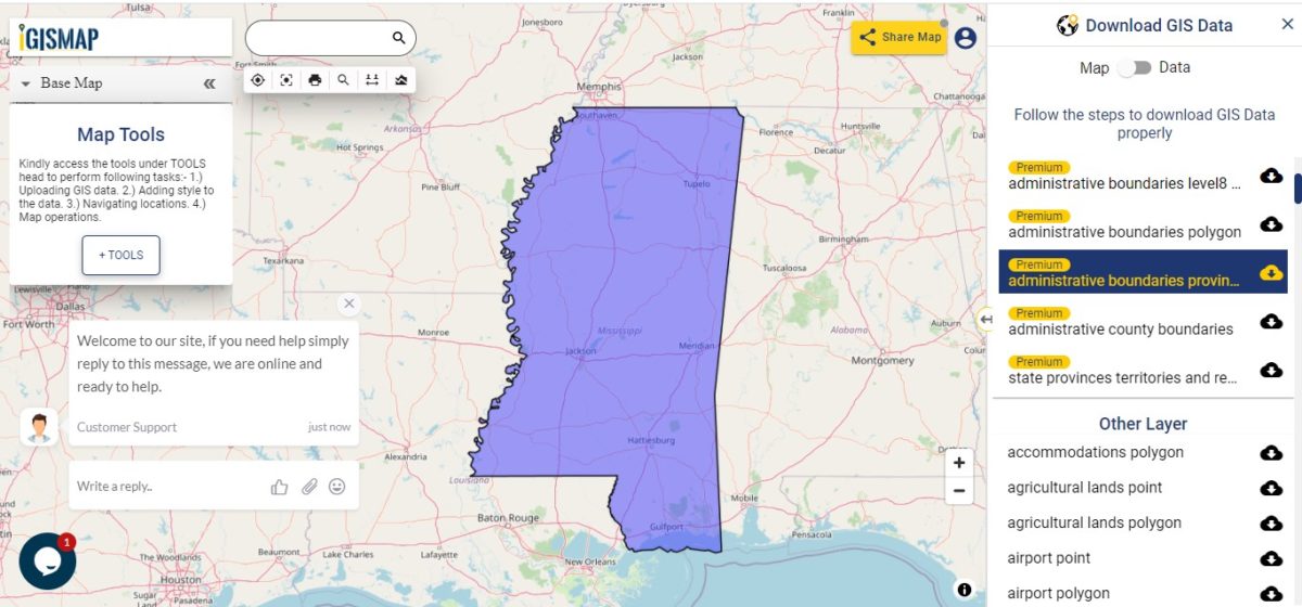 Download Mississippi state GIS maps counties, rail, highway, shapefile