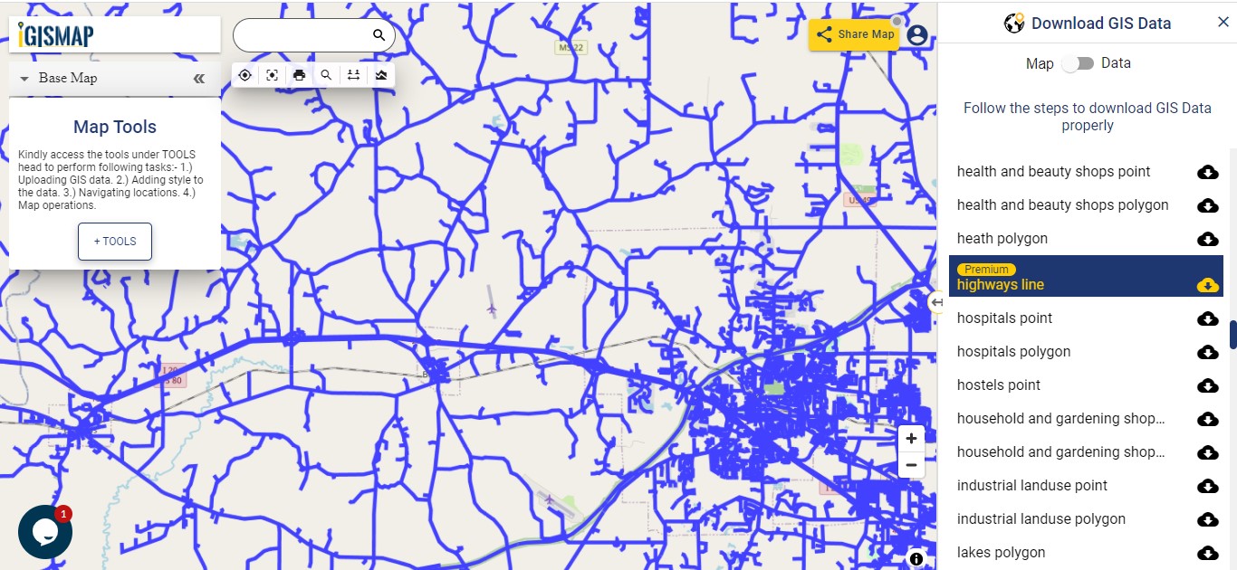 Download Mississippi state GIS maps counties, rail, highway, shapefile