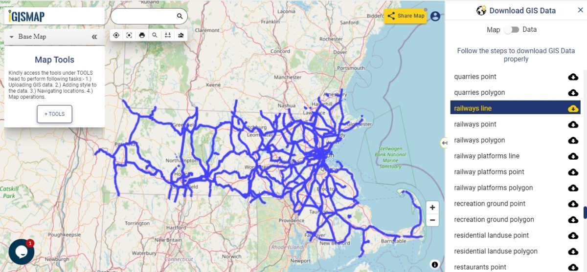 Download U.S. State Massachusetts GIS Data Boundary, Counties, Rail