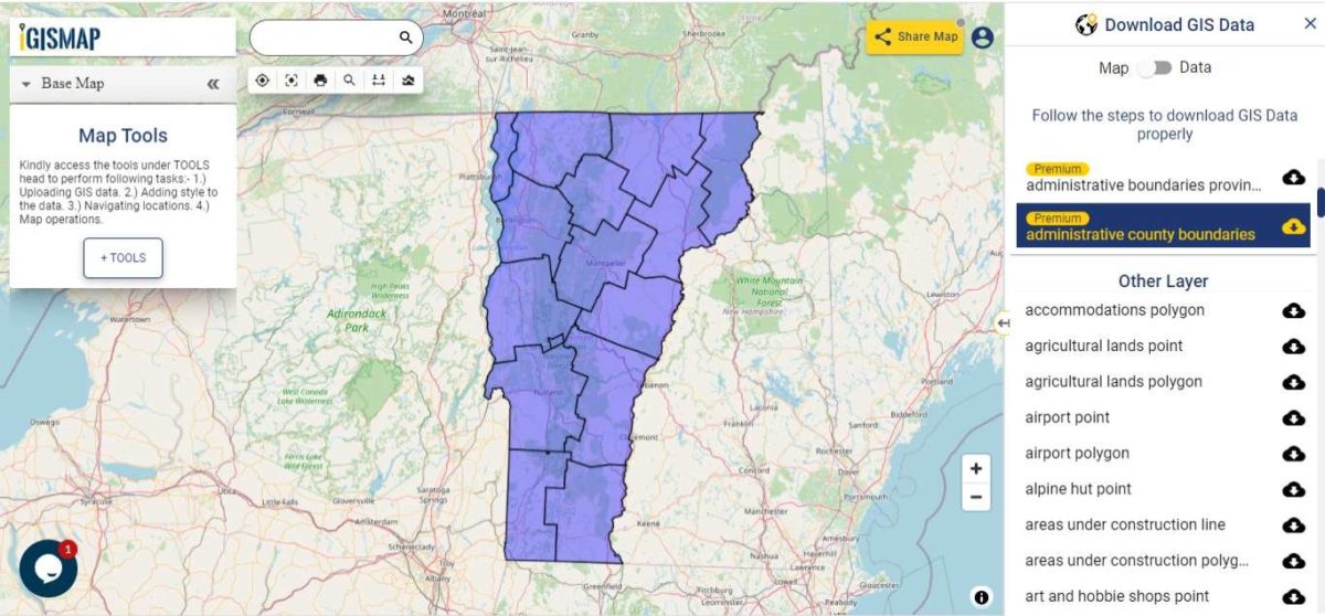 Download Vermont State GIS Maps Boundary, Counties, Rail, highway