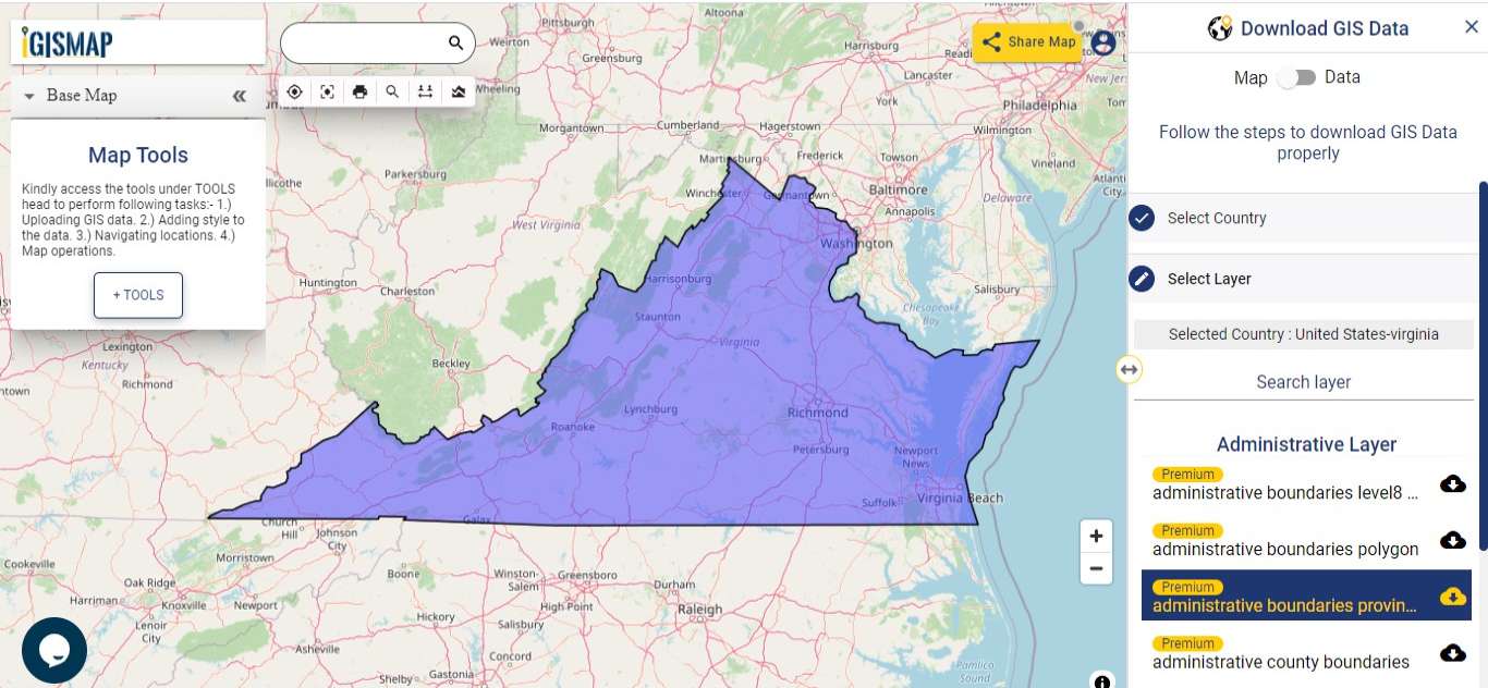 Download Virginia State GIS Maps Boundary, Counties, Rail, highway