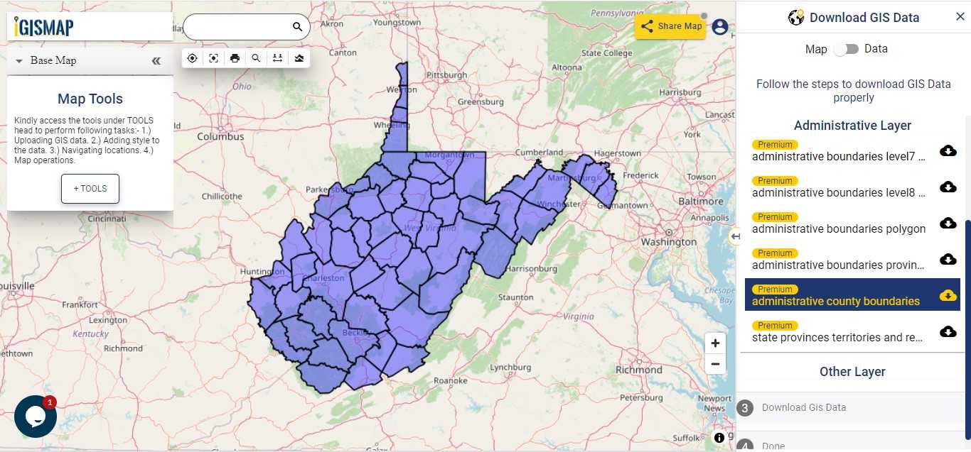 Download West Virginia State GIS Maps Boundary, Counties, Rail, highway