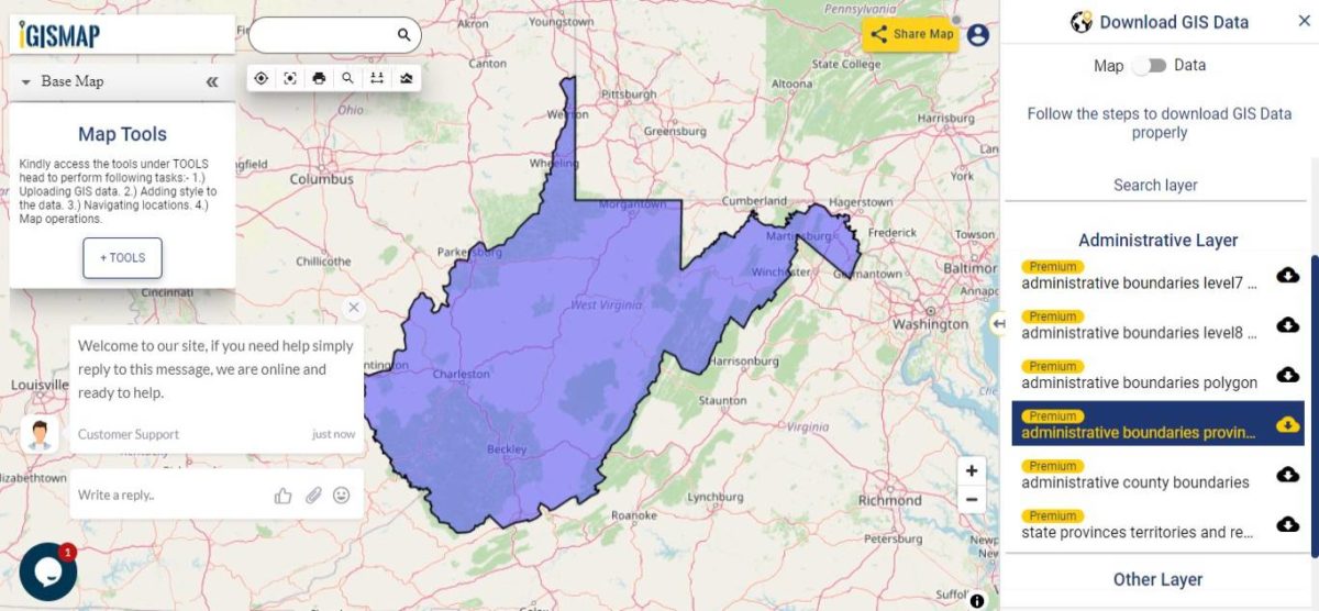 Download West Virginia State GIS Maps Boundary, Counties, Rail, highway