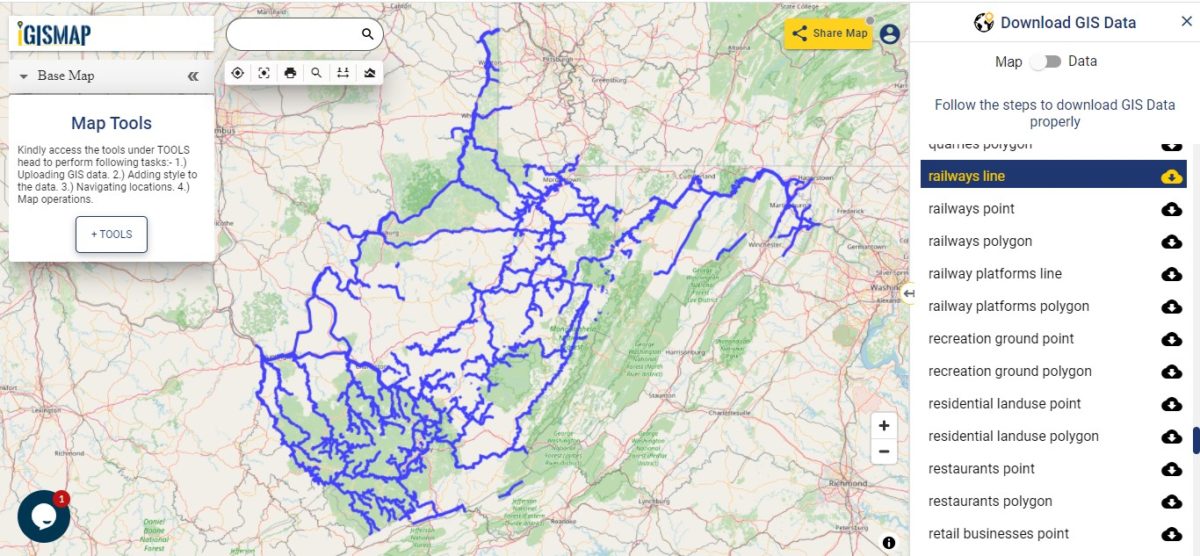 Download West Virginia State GIS Maps Boundary, Counties, Rail, highway