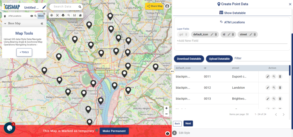 Create Point Data - Show/Edit Datatable - plot the atm/shop location on map