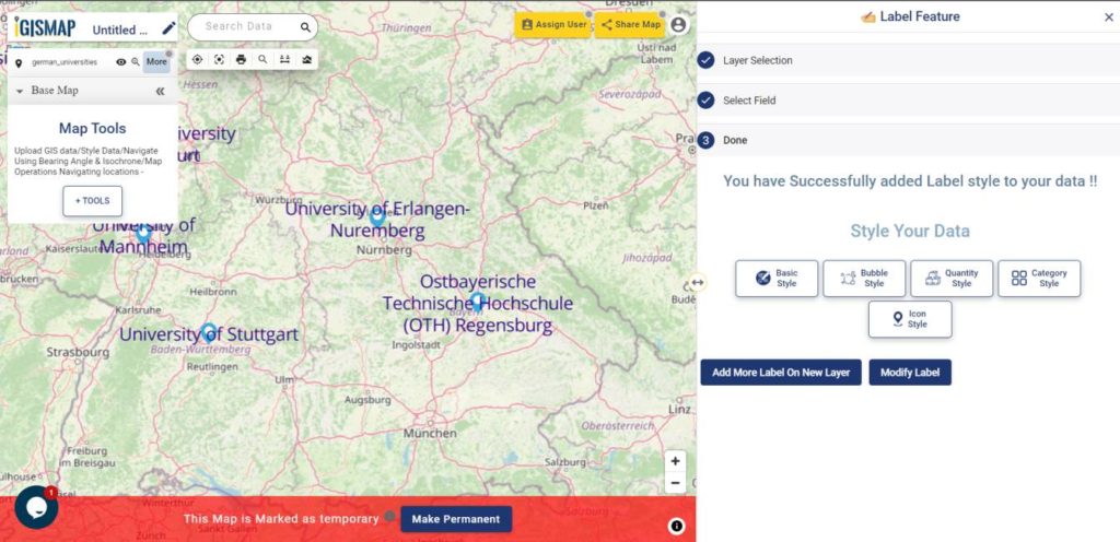 Successfully added Label style of German universities point data