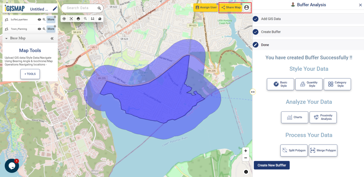 Upload your shapefile and create a buffer layer