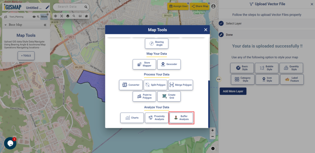 Upload shapefile and create a buffer layer