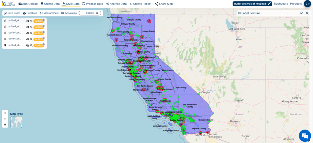 GIS Buffer Analysis of hospital locations