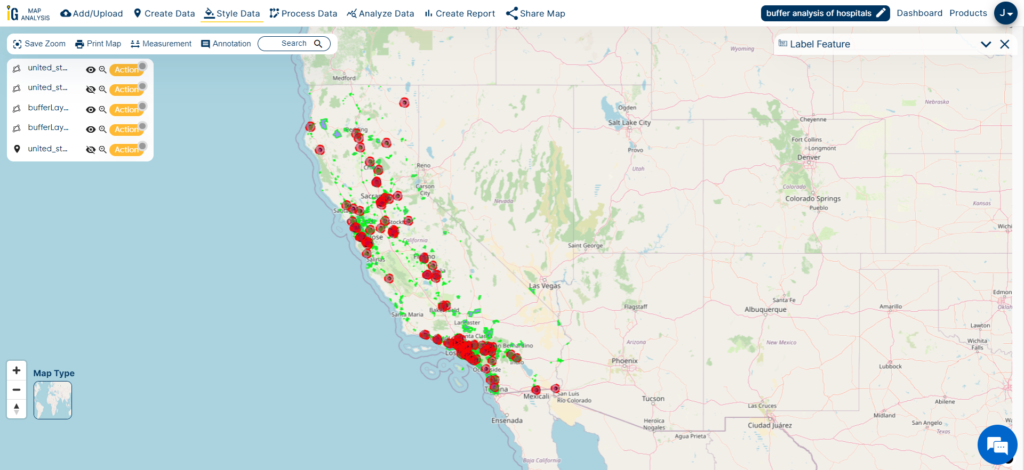GIS Buffer Analysis of hospital locations