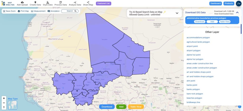 Mali Regions Boundaries