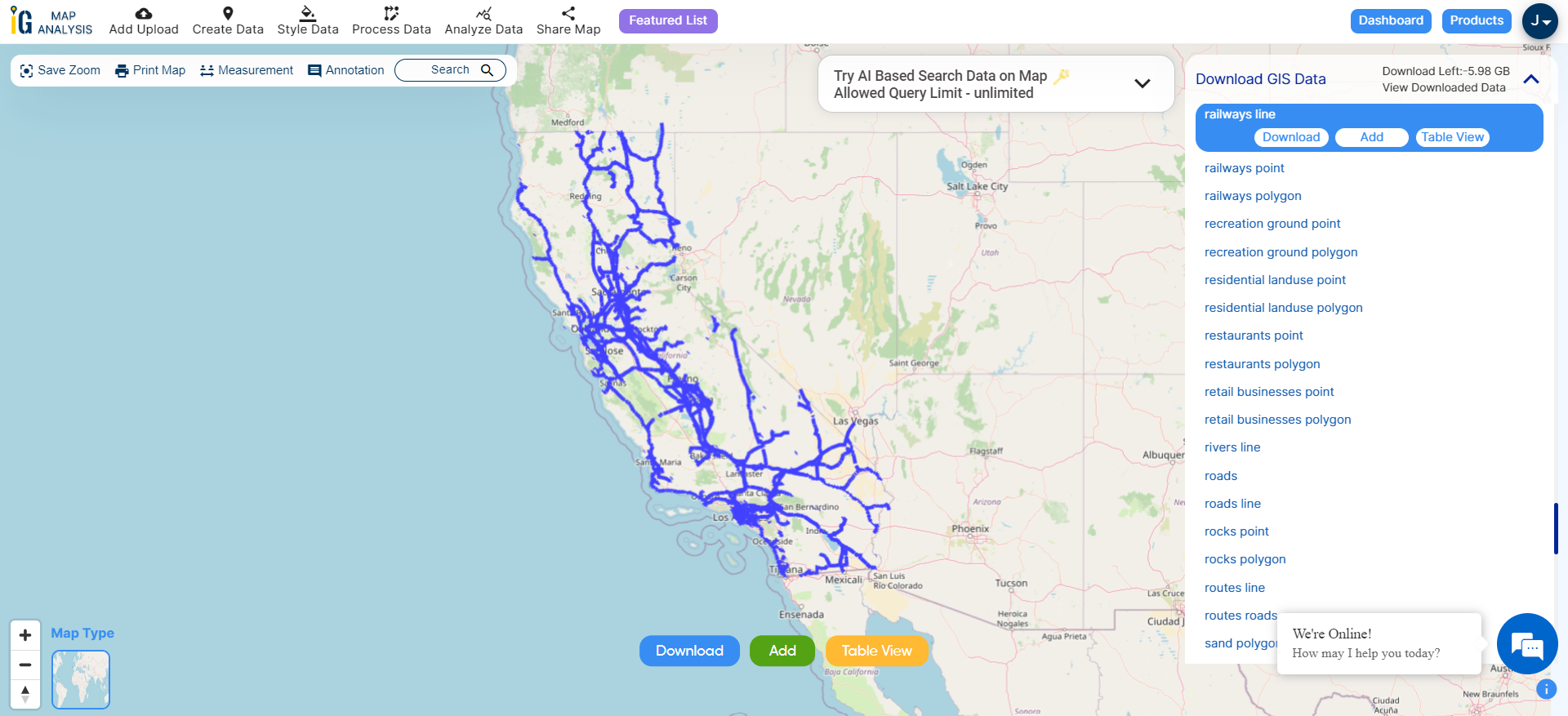 California GIS data shapefile, administrative boundary, county, rail