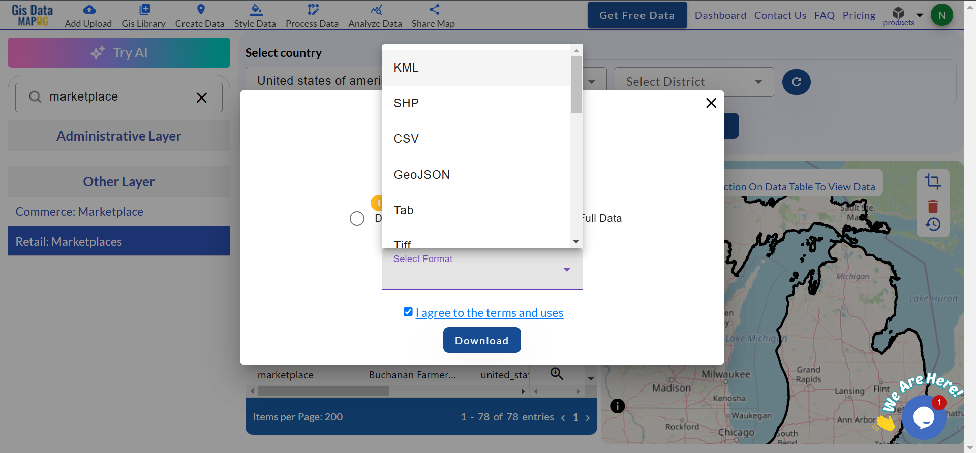 Download Marketplace Data in Shapefile, KML, MID +15 GIS Formats